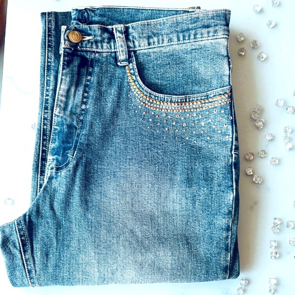 CHRISTINE ALEXANDER Swarovski Studded Bling Jeans Mid Rise Flare Womens 10 - Picture 1 of 14